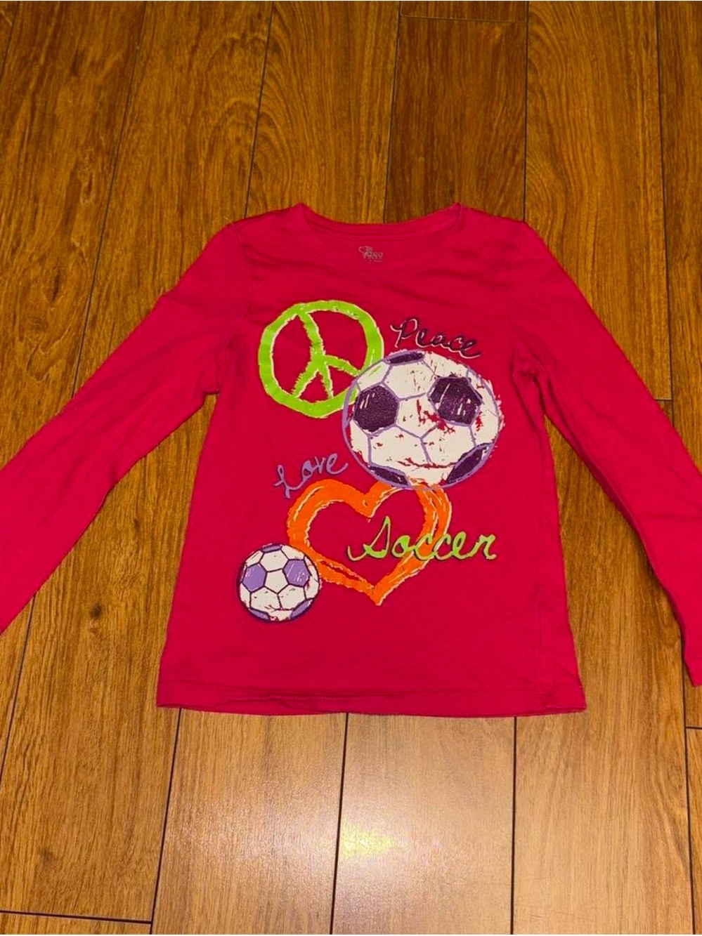 Y2K pink sparkle long sleeve with peace signs and soccer